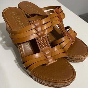 Italian Shoemakers Platform Wedge Sandals 7.5 Tan Leather Strappy Wedges